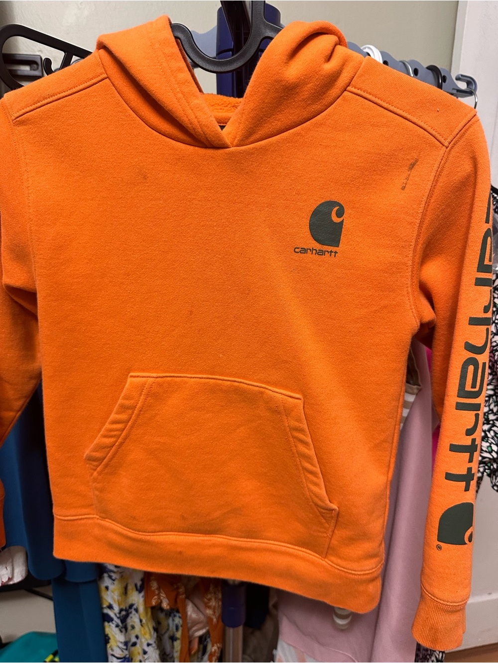 Carhartt Kids Orange Pullover Hoodie with Sleeve Logo